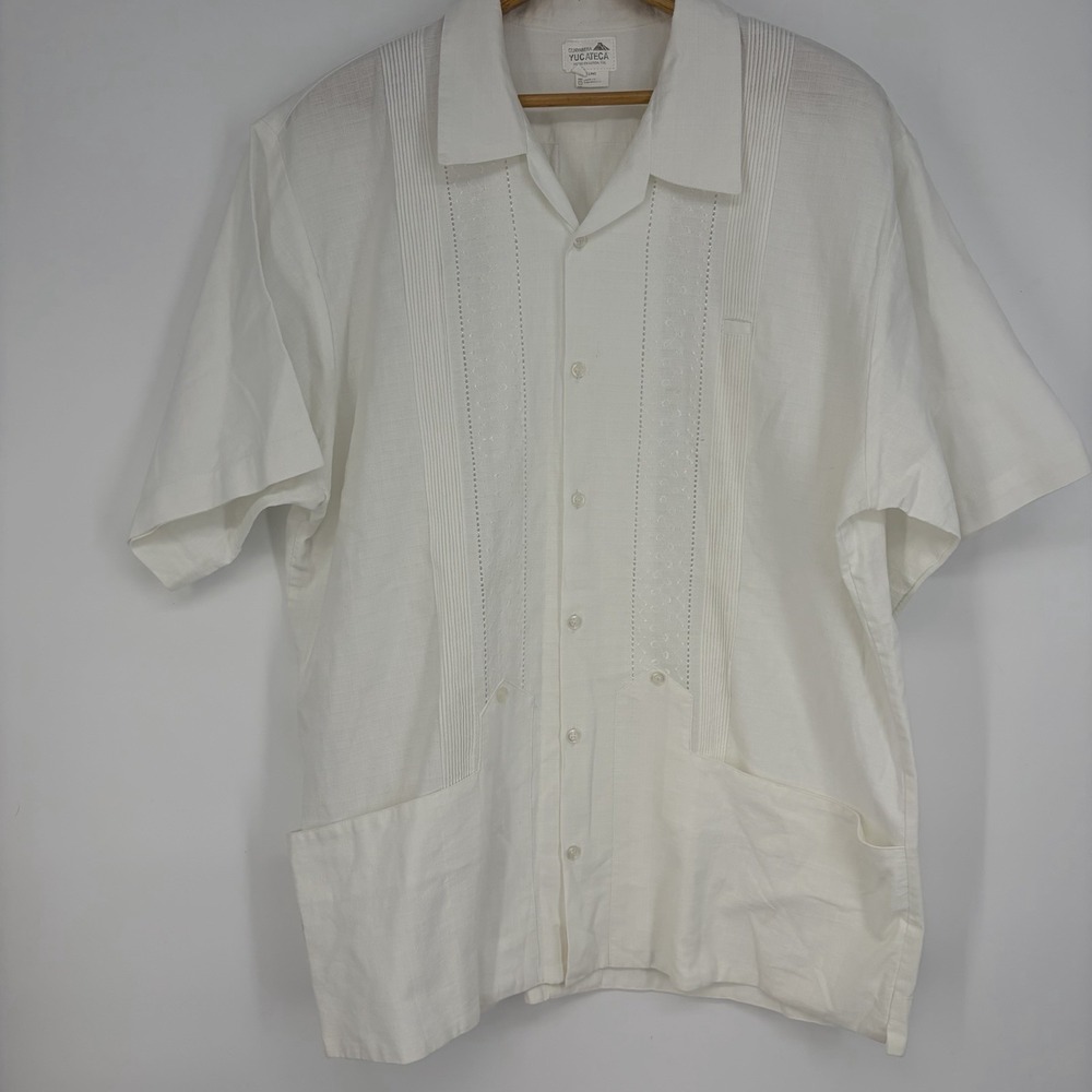 Vtg White Guayabera Shirt XL (?) Linen Yucateca Pockets Embroidered Island Beach